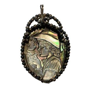 Vintage Abalone Cameo Pendant Hand Carved With Beaded Border 2" H
